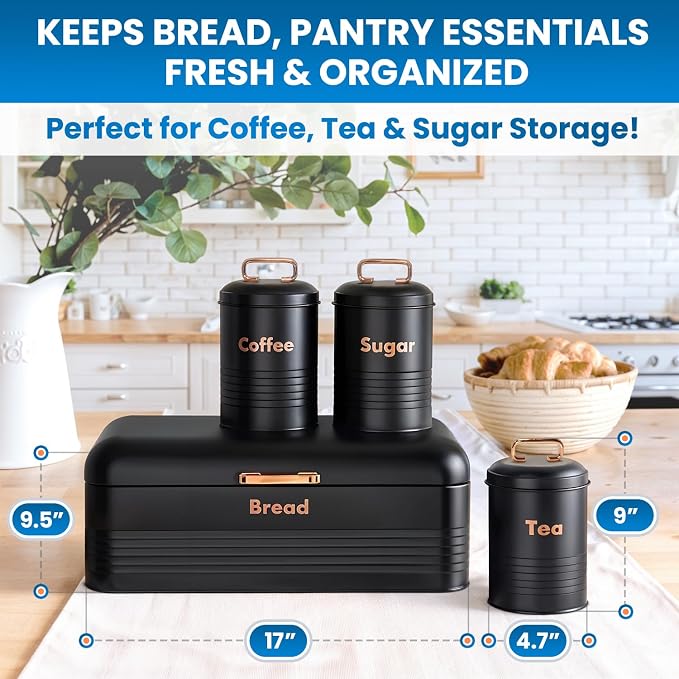 Plexon Black Bread Box for Kitchen Countertop Tea Coffee Sugar Container Set - Metal Bread Container Storage Keeper Organizer - Canister Set of 4 - Image 3