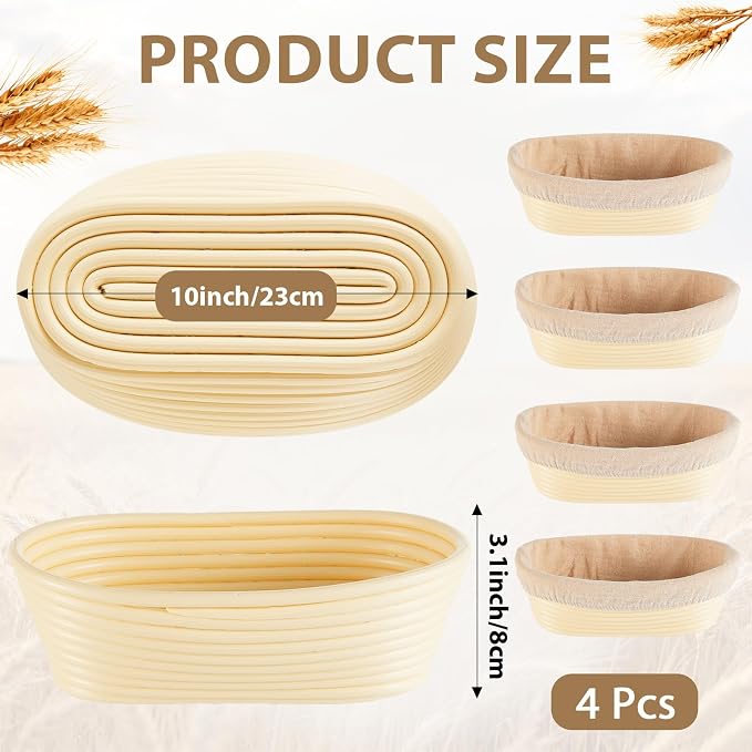 4 Pack Banneton Bread Proofing Basket 10 Inch Oval Rattan Banneton Baskets with Linen Liner Cloth Sourdough Basket Dough Proofing Basket for Professional & Home Sourdough Bread Baking - Image 2