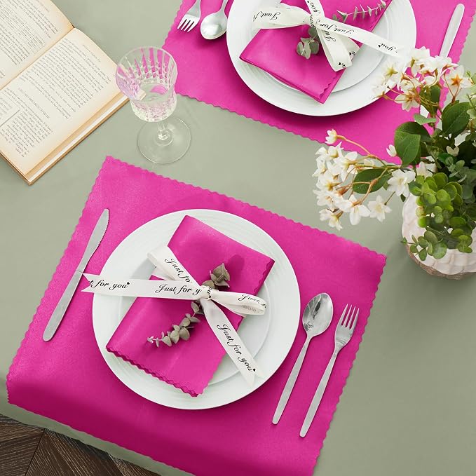 VACVELT 100 Pack Hot Pink Scalloped Satin Napkins 17x17 Inch Wedding | Scalloped Floral Edges With Silky Smooth Finish, Seamless Design, Machine Washable Wrinkle And Fade Resistant - Image 3