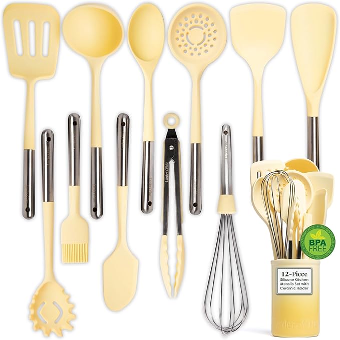 Larder & Vine 12-Piece Silicone Kitchen Cooking Utensils Set with Stainless Steel Handle and Ceramic Holder, Dishwasher Safe Set of Kitchen Essentials (Limoncello) by LarderVine