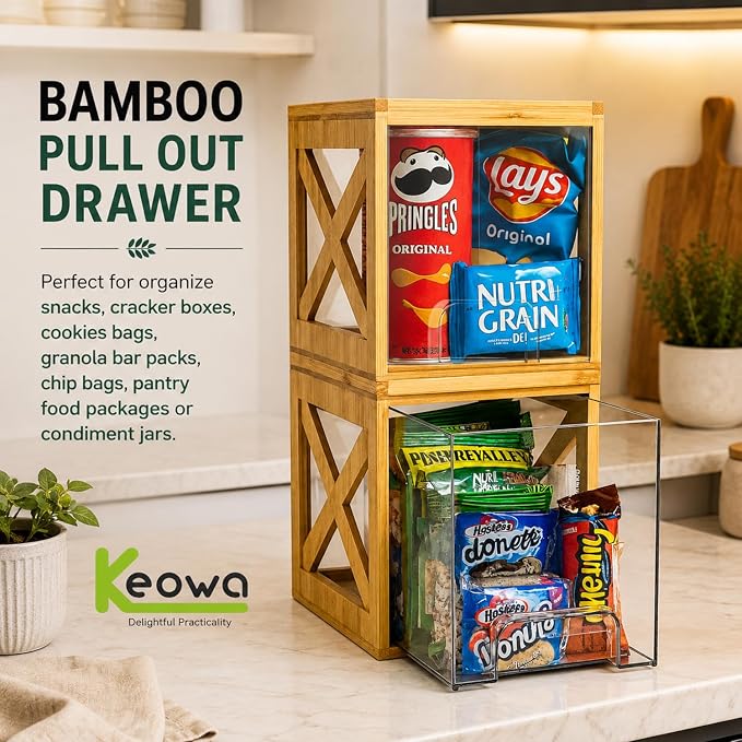 Bamboo Pantry Drawer Organizer, Stackable Pull-Out Storage Bins, 2-Pack | Countertop organizer, snack storage, coffee pod holder, pantry organization, kitchen storage - Image 4