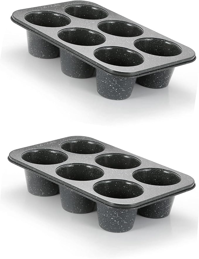 Monfish 2PCS Deep Jumbo Muffin Pan 6 Cup Carbon Steel Black Stone non Stick Coating Muffin Tin 3.5diax3 cup by monfish