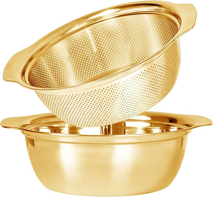 Paoli 304 Stainless Steel Fine Mesh Colander Set, 2QT Large Capacity Strainer with Mixing Bowl — Rinse Fruits, Veggies, Rice & Drain Pasta, Dishwasher Safe (2-Piece Gold) by Paoli