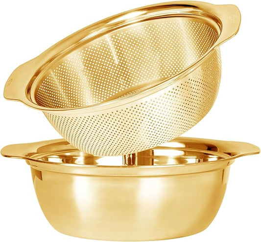 Paoli 304 Stainless Steel Fine Mesh Colander Set, 5QT Large Capacity Strainer with Mixing Bowl — Rinse Fruits, Veggies, Rice & Drain Pasta, Dishwasher Safe (2-Piece Gold) by Paoli