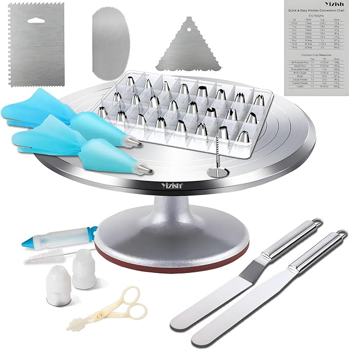 Yizish Cake Turntable Aluminum Alloy & Piping Bags and Tips Set, Rotating Cake Stand Decorating Kits with Stainless Steel Cake Spatulas and Scrapers for Baking, Pastries and Cupcakes, Gift Set by Yizish