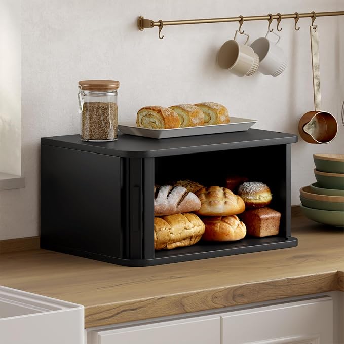 WOWLIVE Roll Top Bread Box for Kitchen Countertop, Bamboo Bread Storage | Airtight Bread Containers, Large Bread Bin with Sliding Door for Loaves, Bagels, Countertop Storage Cabinet, Black, Medium - Image 2