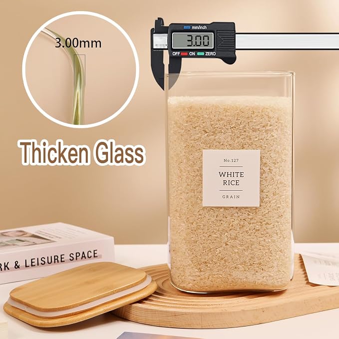 2 Pack large Square Glass Flour and Sugar Containers with 132 Kitchen Pantry Labels - 149 floz & 71 floz - Glass Jars with Airtight Bamboo Lid - Glass Rice Canisters for Coffee, Pasta, Cookie, Cereal - Image 5