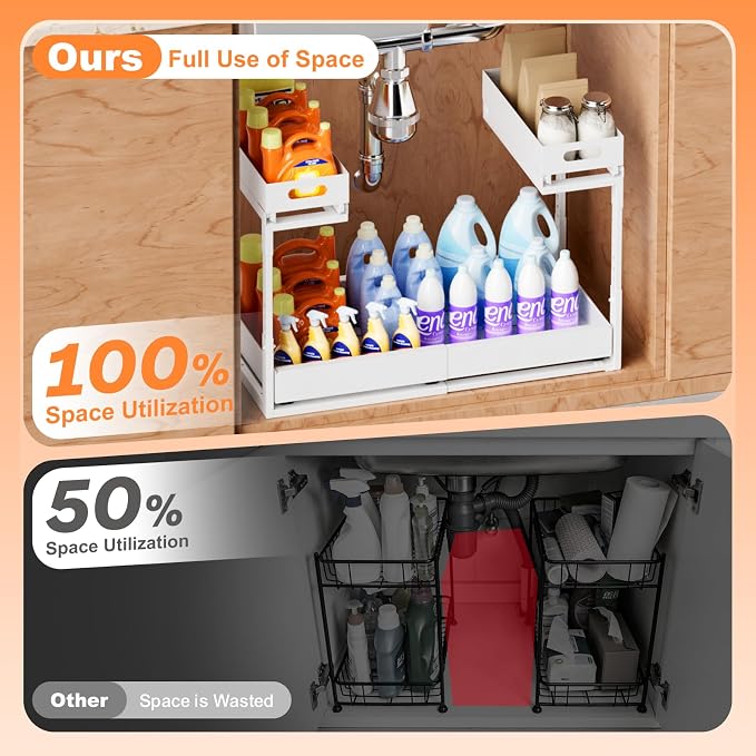 Upgrade 1 Pack Expandable Under Sink Organizer: 2-Tier Pull Out Cabinet with 3 Heavy-Duty Ball-Bearing Slide Rails, Tool-Free Height Adjustable, Slide-Out Drawers for Kitchen, Bathroom, Laundry - Image 5