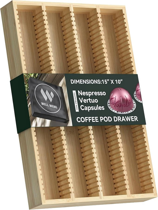 for Nespresso Vertuo Capsules Bamboo Coffee Pod Drawer Organizer | 15"Dx10"Wx1.5"H 40 Big or 52 Small Pods Holder for Counter by WELLWENG