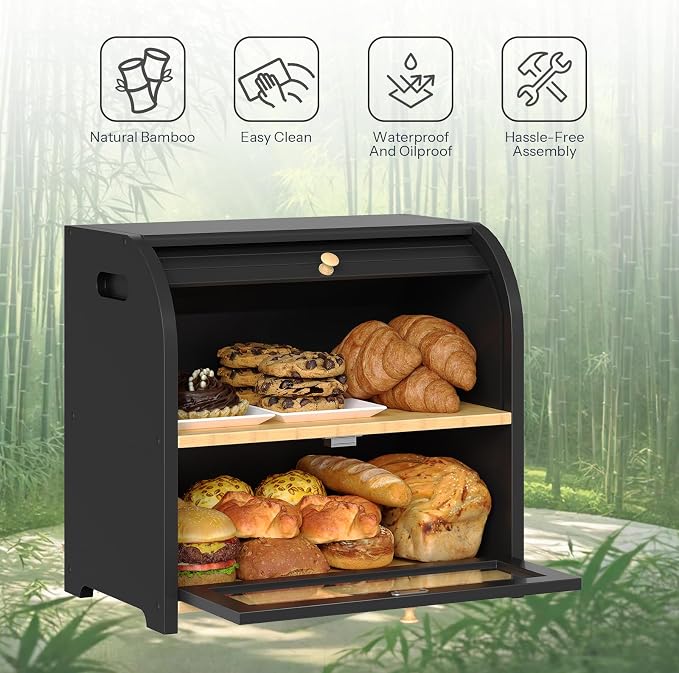 HOOBRO Bread Box, Bamboo Bread Box for Kitchen Countertop, 2 Tier Roll-Top Bread Bin, Food Storage Box, Large Capacity Keeper, Wooden Storage Cabinet, for Kitchen, Dining Room, Black BK13MB01 - Image 3