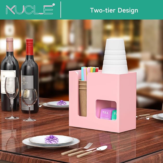 2-Tier Coffee Station Organizer for Countertop, 3 Compartments Pink Acrylic Cup and Lid Holder Tea Condiment Storage Upright Coffee Bar Organizer Pod Dispenser for Office Breakroom Home Kitchen - Image 6