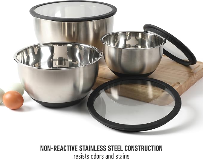 Calphalon Mixing Bowl Set, Stainless Steel Mixing Bowls With Lids, 3-Piece Stainless Steel Mixing Bowls with Glass Lids & Non-Slip Silicone Base, Prep and Storage Bowls Dishwasher Safe - Image 4