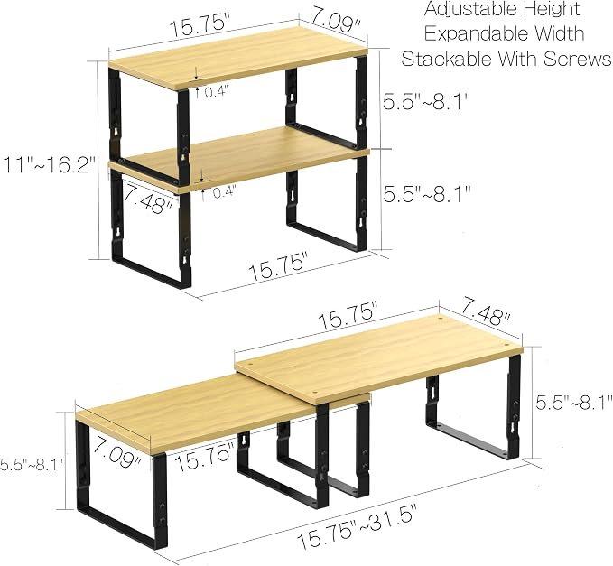 Expandable Kitchen Cabinet Organizer Shelves – Stackable Adjustable Metal and Wood Storage Racks for Countertop, Pantry, Garage Set of 2 Spice Rack – Easy Assembly, Space-Saving(1 Pack/Large/Black) - Image 6