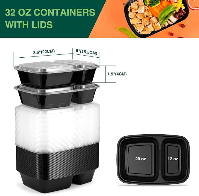 Glotoch 50 Pack(100-Piece)32oz 2-Compartment Meal Prep Containers with Lids | Sturdy Leakproof Plastic Food Storage Containers for Lunch,Microwave,Freezer,Dishwasher Safe and BPA Free Takeout Containers - Image 3