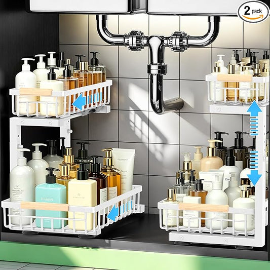 Under Sink Organizer 2 Pack, Double Slide Out Metal Shelf, White | Pull Out Kitchen Storage Cabinet Organizer, 2-Tier Under Sink Storage Rack for Bathroom Laundry Kitchen Storage with Drawer by Unknown