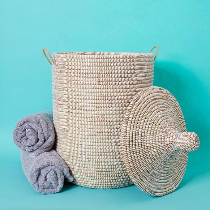 White Woven Basket with Lid, Medium, 16" Wide, 20" Tall by Senegalo