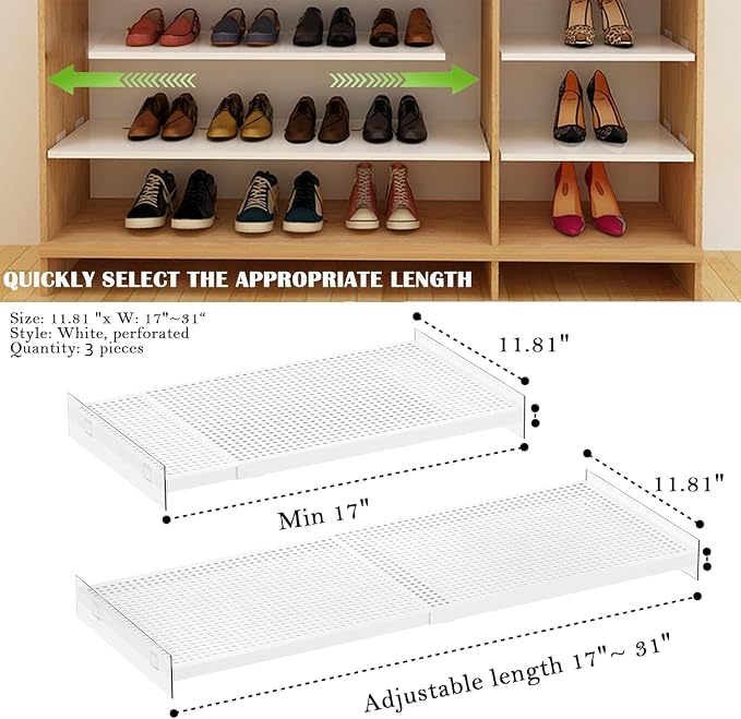 Expandable Closet Shelves, 3 Pack Adjustable Metal Closet Organizers and Perforated Storage Shelves for Wardrobe, Kitchen Pantry, Shoe Rack, (White,11.8" D x 17"-31" W,3PCS) - Image 3