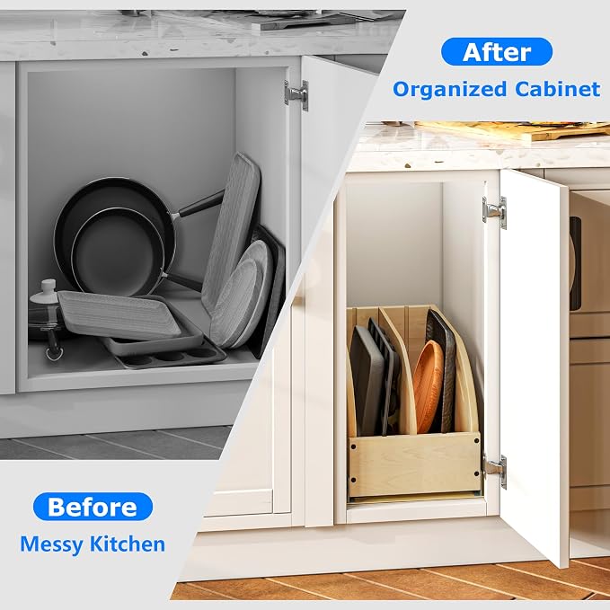 WelFurGeer Birchwood Pot and Pan Organizer with Soft-Close Drawer, Pull Out Cabinet Organizer, Heavy-Duty Slide-Out Storage for Baking Sheets, Cutting Boards, and Kitchen Utensils - Image 3