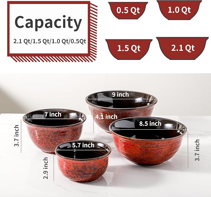 HASENSE Mixing Bowls, 2.1/1.5/1.0/0.5 Qt, Nesting Bowls for Cooking, Baking, Ceramic Serving Dishes Set of 4 for Salad, Fruits, Popcorn, Thanksgiving Christmas Gift, Dishwasher & Microwave Safe, Red - Image 5