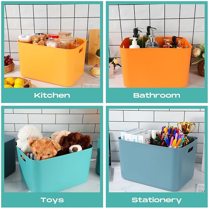 8 Pieces Colorful Storage Bins with Lid, Plastic Storage Basket Organizing Container Stackable Box with Handle for Shelves Desktop Playroom Office(16.1 x 12.0 x 9.7 Inch,Multi-colored) - Image 7