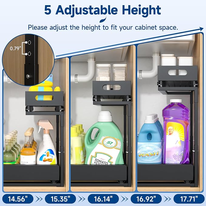 Insputer Upgrade Expandable Under Sink Organizer, 2 Tier Metal Under Cabinet Storage with 3 Slide Rails, Height Adjustable, Thickened Pull Out Drawer Shelf for Bathroom, Kitchen, Laundry, Pantry - Image 7