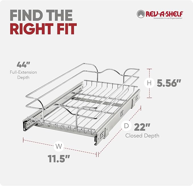 Rev-A-Shelf Steel Wire Pullout Drawer Organizer Shelf for Kitchen Cabinets, Slide Out Storage Basket, Min Opening Width of 11.5" W, 12" x 22", 5WB1-1222CR-1 - Image 10