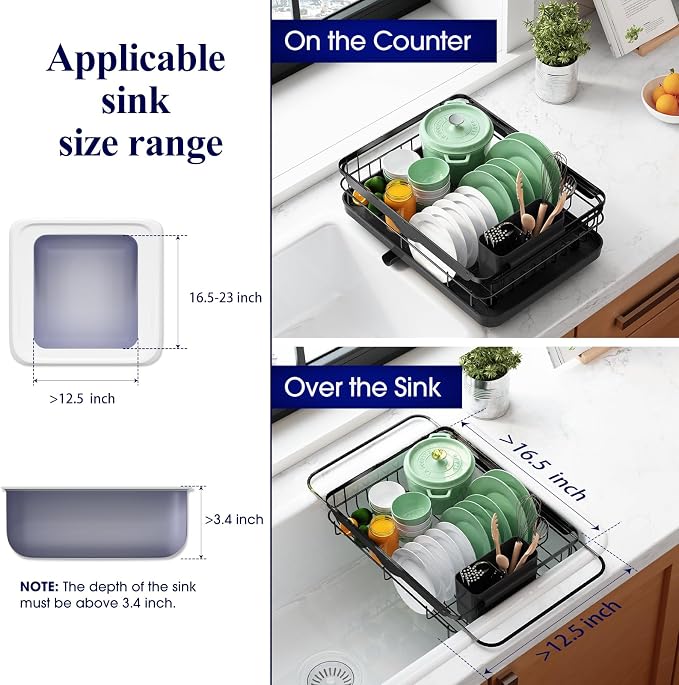 Kitsure Dish Drying Rack for Kitchen Counter, 12.2''W x 15.7''~23''L, Black | Stainless Steel Sink Organization, Cutlery Holder, Home and Appartment Decor - Image 2