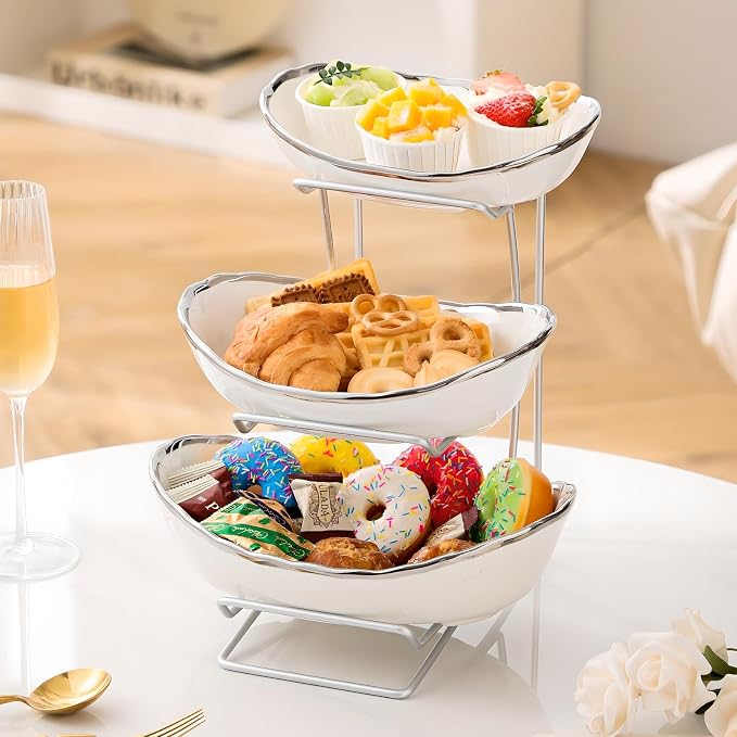 Gold Silver Fruit Bowl with Metal Stand, 3 Tier Ceramic White Fruit Bowl Fruit Rack for Kitchen Counter, Tiered Fruit Basket for Snacks Bread Candy Storage (White B (Smooth Surface)) - Image 2