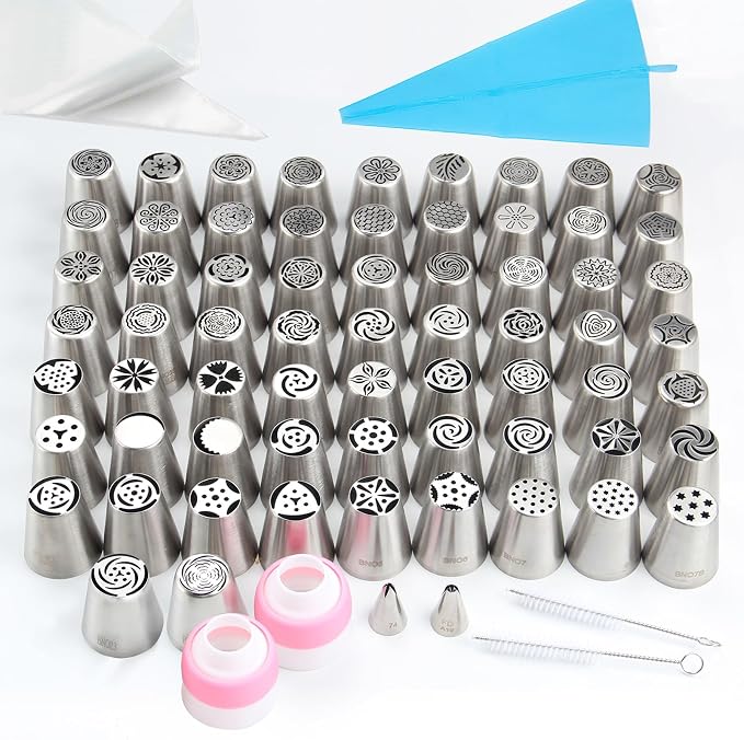 82Pack Large Russian Flower Nozzles for Cake Decorating Stainless Steel Buttercream Bouquet Nozzles,Includes 65 Large Flower Nozzles,2 Leafs, 2 Converters,2 Brushes,1 Silicone,10 Framing Bags by Baipesiy
