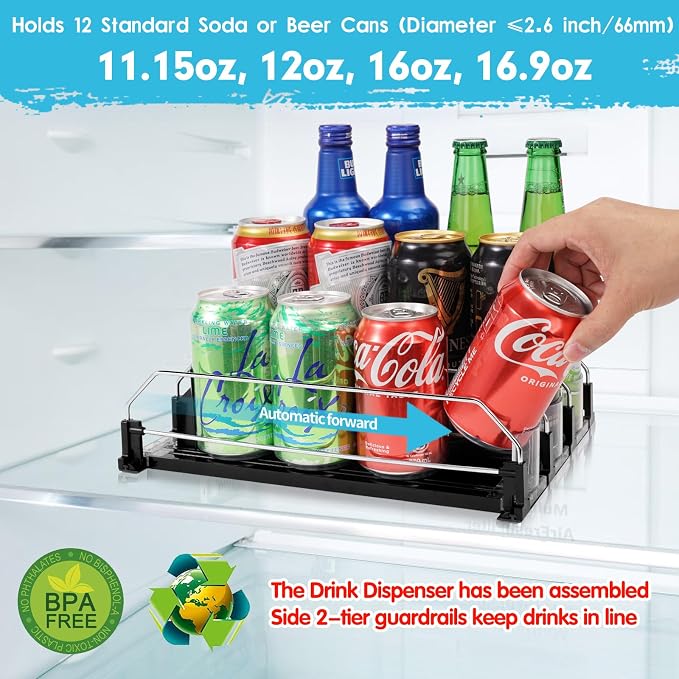 Drink Dispenser for Refrigerator, Self-Pushing Soda Can Organizer for Fridge, 3 Rows has been Assembled, Automatic Can Organizer with Spring Loaded for Refrigerator Holds 12 cans, Black - Image 2
