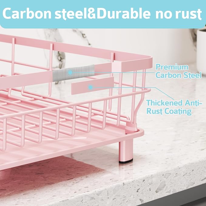Dish Drying Rack - Space Saving Dish Rack - Dish Racks for Kitchen Counter with Drainboard,Rustproof Dish Drainer with Removable Utensil Holder,Pink - Image 3