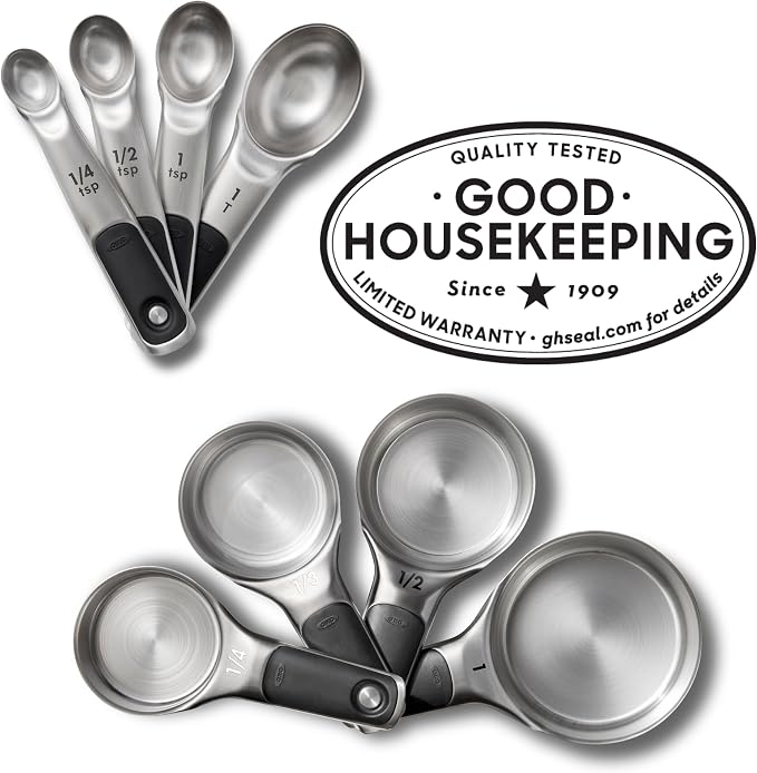 OXO Good Grips Stainless Steel Measuring Cups and Spoons 8-Piece Set | Magnetic Handles for Easy Nesting Storage, Non-Slip Grip, Etched Measurement Markings, Baking Tools, Dry and Liquid Measuring - Image 2