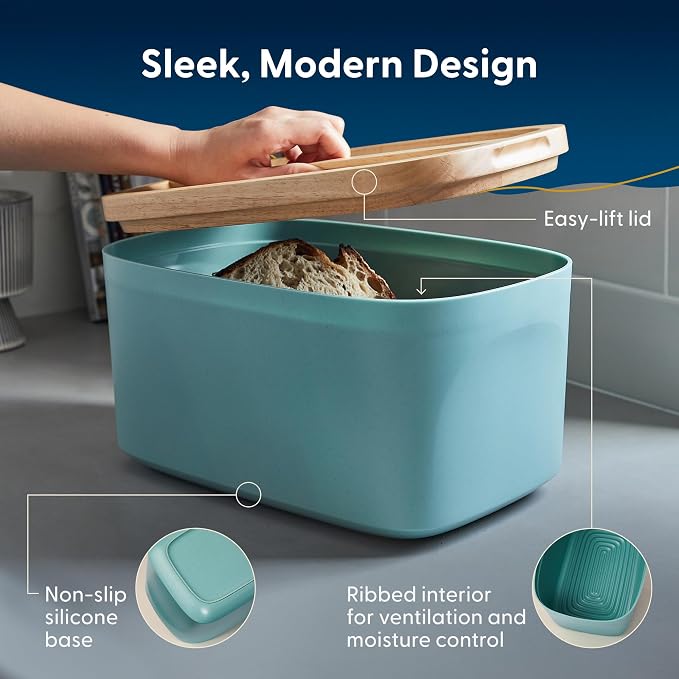 Sonder Los Angeles Union Large Bread Box | Fits Full Sourdough Loaves and More | Breadbox with Cutting Board | Homemade Bread Bin Storage Container | 14.25x9.25x7 in | Blue Green | Bamboo Fiber & Recycled Plastic Body with Reversible Bread Board Lid, K... - Image 3