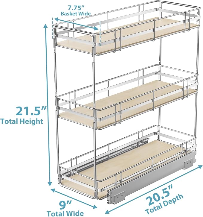 Pull Out Spice Rack Cabinet Organizer 9" W x 20½" D, 3 Tier Heavy Duty Slide Out Wood Shelf for Narrow Cabinet, Pull Out Storage for Kitchen - Image 3