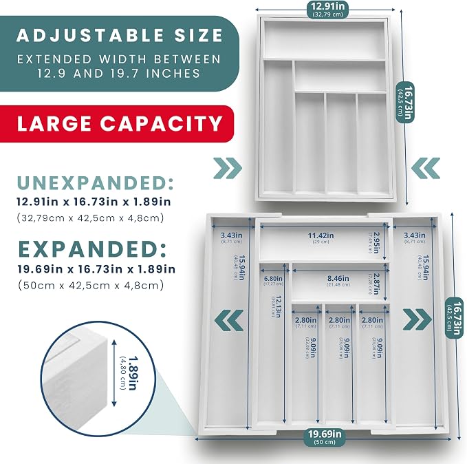 Sben Expandable Drawer Organizer for Utensils Holder, Adjustable Cutlery Tray, 6-8 Slots, Premium Wood Drawer Dividers Organizer for Silverware, Flatware, Knives for Kitchen (White) - Image 2
