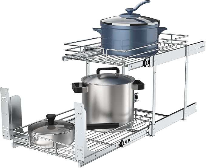 2 Tier Pull Out Cabinet Organizer, 20" W x 21" D Heavy-Duty Metal Sliding Drawer Shelf for Kitchen Cabinets, Chrome, Doesn't Include Door Fittings - Image 3