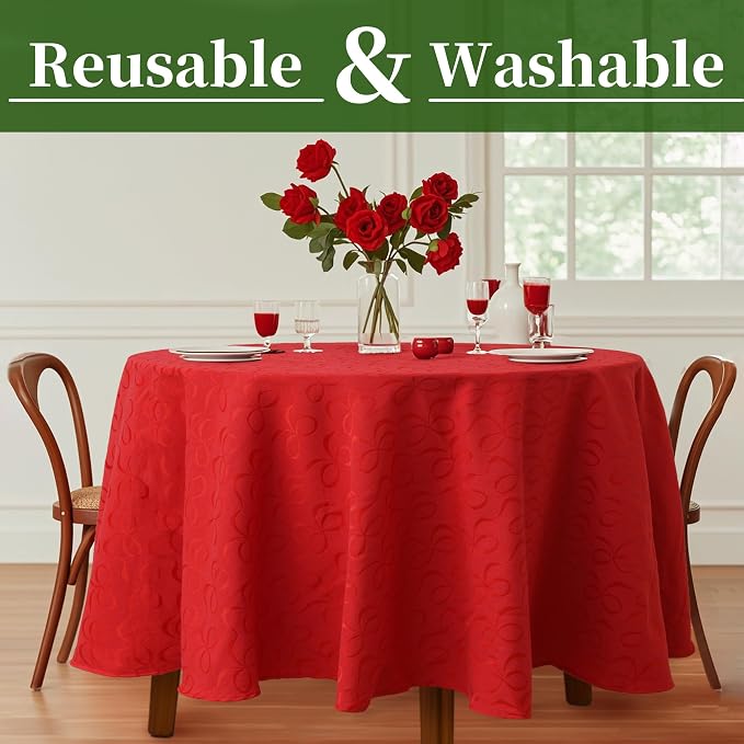 VOOVA & MOVAS Red Round Tablecloth 70" (Seat 4-6), Reusable Table Cloth for 5ft Circle Table, Polyester-Cotton, Washable, 1PC Celebration Holiday Tablecloth with Bow Jacquard - Image 2