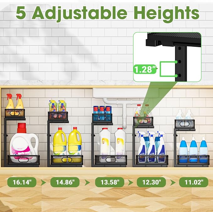 Under Sink Organizer 4-Pack, Metal 2-Tier Pull-Out Cabinet Shelf with Slide-Out Mesh Drawers, Height Adjustable, Space-Saving Storage Racks for Kitchen, Bathroom, Laundry Room - Image 6
