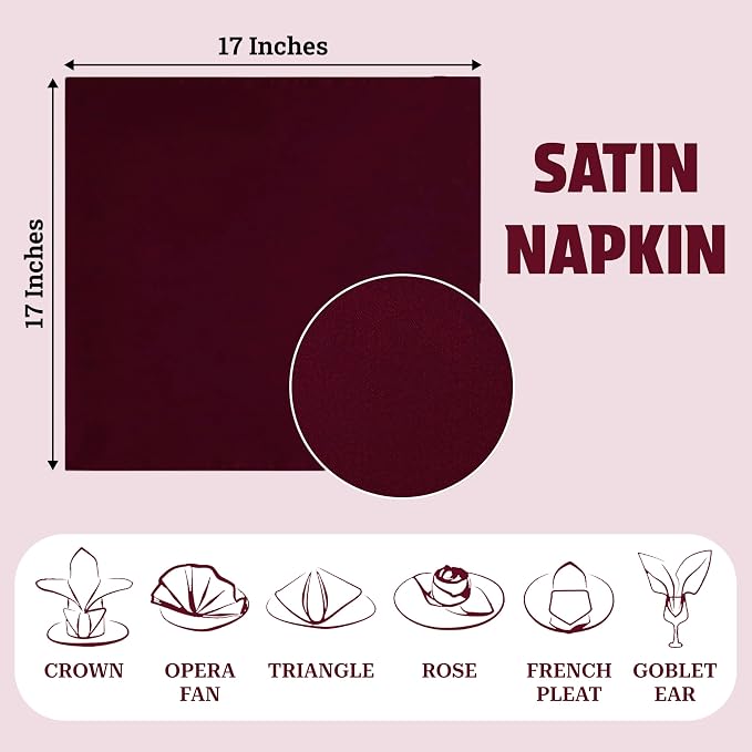 MDS® Pack of 50 Satin Napkins 12 x 12 Inch, Soft Silky Reusable Cloth Dinner Table Napkins for Wedding Décor, Reception, Birthday, Parties, Banquets, Catering, Restaurants & Hotel - Burgundy - Image 4