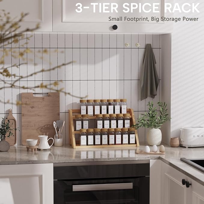 Bamboo Spice Rack Organizer -3-Tier Spice Rack for Countertop,Cabinet Spice Rack Organizer for 24 Spice Jars(4oz)，Step Shelf (yellow) - Image 7