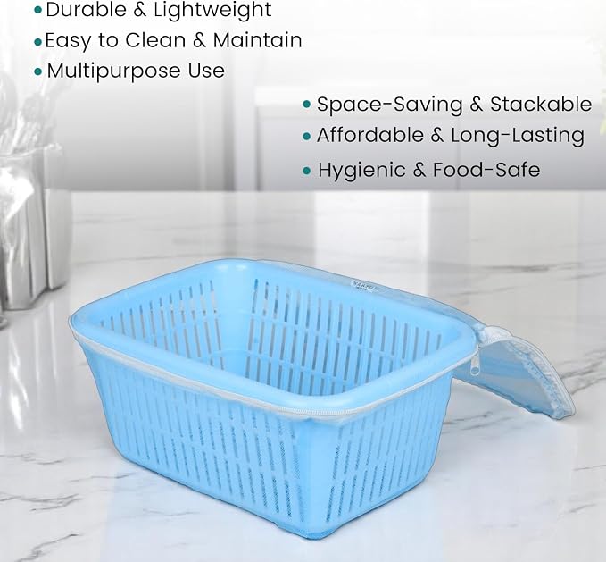 Go Hooked Multipurpose Plastic Storage/Gift Basket With Net Cover | Stylish Basket With Zip Net Cover Pack Of 1 (Blue). - Image 3