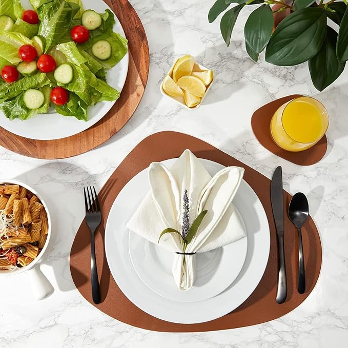 Faux Leather Placemats Set of 8, Wipeable & Washable Table Mats | Waterproof, Heat-Resistant & Easy to Clean Round Place Mats for Dining & Kitchen, 17''x13'', Brown - Image 2