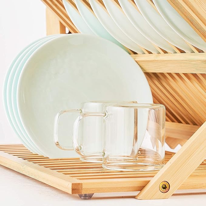 Bamboo Dish Drying Rack, 3 Tier Collapsible Wooden Dish Drainer Rack with Utensil Holder, Plate Rack for Kitchen Counter, Large Folding Drying Holder 51 pcs Grid - Image 8