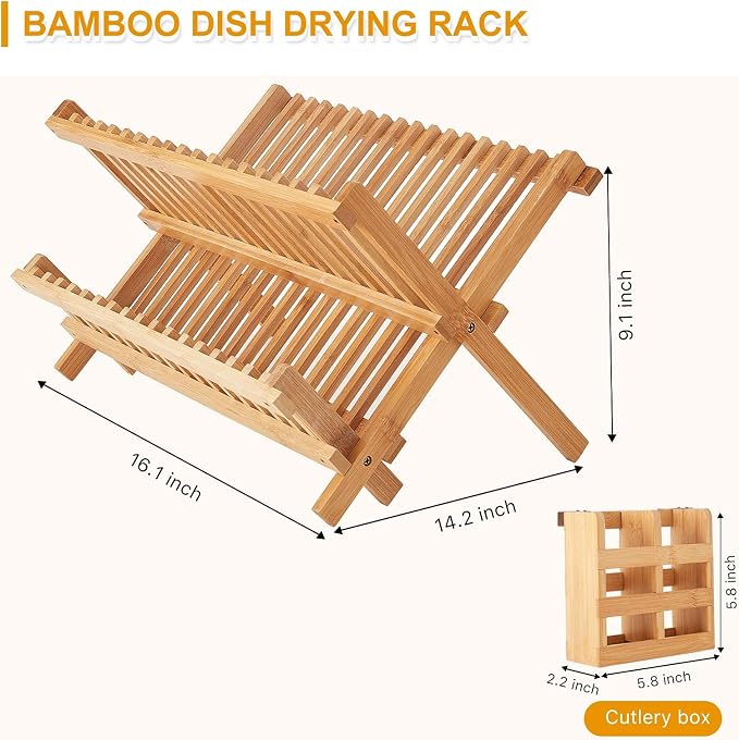 Bamboo Dish Drying Rack, 2 Tier Collapsible Dish Rack with Utensil Holder, Wooden Dish Drying Rack for Kitchen Counter, Large Folding Drying Holder, Dish Drainer 34 pcs Grid - Image 5
