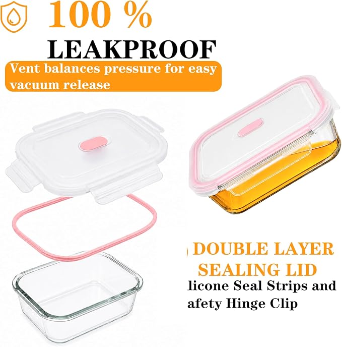 24-Piece Glass Food Storage Containers Set with Airtight lid, Glass Meal Prep Containers, Easy Stack Containers, Durable Glass Container-From Fridge directly to Oven and Dishwasher Safe (Pink) - Image 4