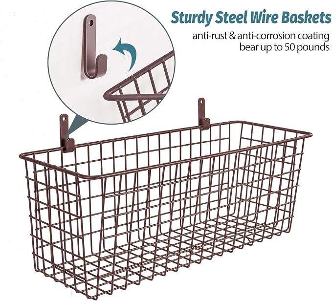 3 Set [Extra Large] Hanging Wall Basket for Storage, Wall Mount Sturdy Steel Wire Baskets, Metal Hang Cabinet Bin Wall Shelves, Rustic Farmhouse Decor, Kitchen Bathroom Organizer, Brown - Image 4
