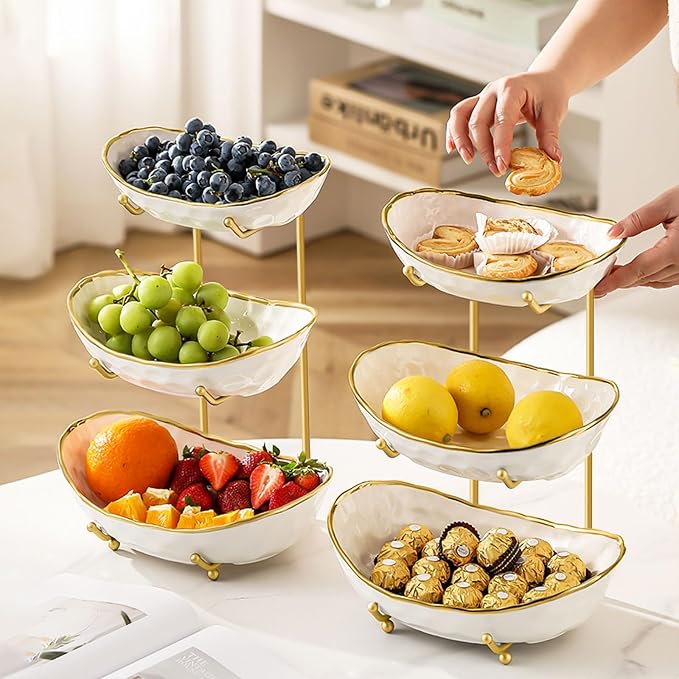 Fruit Bowl with Gold Metal Stand, 3 Tier Modern Ceramic Fruit Bowl Fruit Rack for Kitchen Counter, Tiered Fruit Basket for Snacks Bread Candy Storage (White,3 Tier) - Image 3