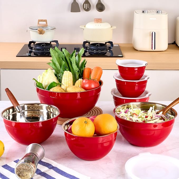 Red Mixing Bowls with Lids Set of 7, Stainless Steel Nesting Bowl with Khaki Lid for Non-slip Mixing Prepping Storing Serving, 7 Sizes-7/3.6/2.7/2.1/1.5/1/0.8 QT - Image 7