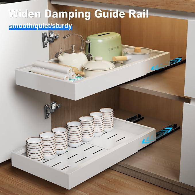 MUSTORN 2 Pack Pull Out Cabinet Organizer, 21.8" Deep Slide Out Drawer for Cabinets Adhesive Pull Out Drawers Heavy Duty Pull Out Shelves for Kitchen, Cupboard, Pantry, Bathroom-White - Image 3