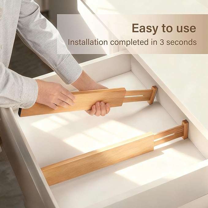 Adjustable Bamboo Drawer Dividers of 4, Expandable Organizers (16.9"-22.2") | Spring-Loaded Kitchen Drawer Organizer, Non-Slip Ends, 2.2" High, Easy Setup & Clean, for Kitchen, Dresser, Clothes, Bath - Image 5
